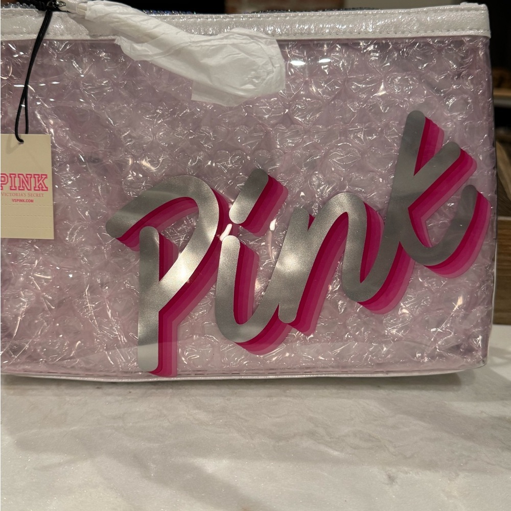 Pink and Silver Cosmetic Bag with colorful zipper and loop handle